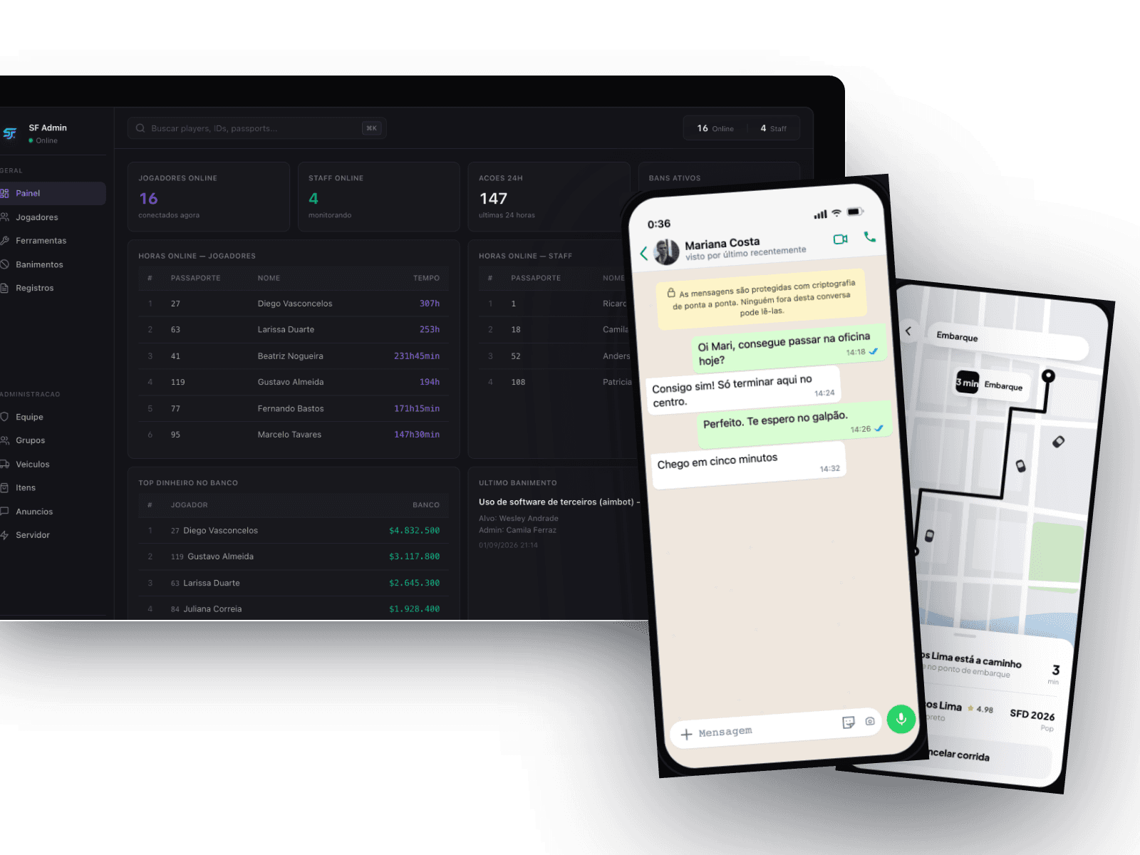 Painel do sf_admin com os apps de WhatsApp e Uber rodando dentro do celular do jogo